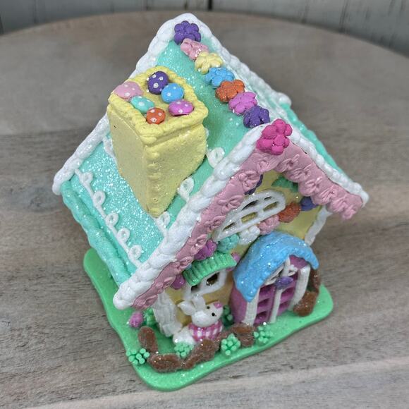 Easter Gingerbread House Tabletop Claydough LED light up Pink Green Pastel 30E36 - Picture 10 of 14